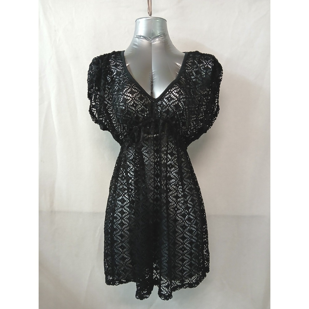 Miken Swim Black Crochet Lace V-Neck Swim Cover Up Dress Womens Sz M Festival